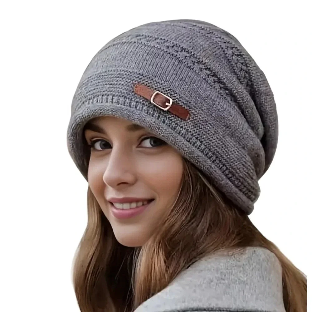 Slouchy Stretchy Winter Cozy Khaki Buckle Beanie Knit Hat OS Thick Soft Lined